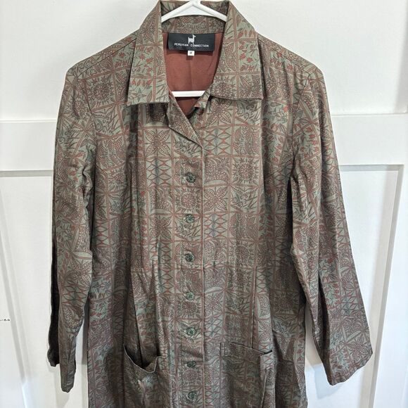 Peruvian Connection Women's Pima Button Down Maxi Coat Dress Green Brown Size M - Picture 2 of 8